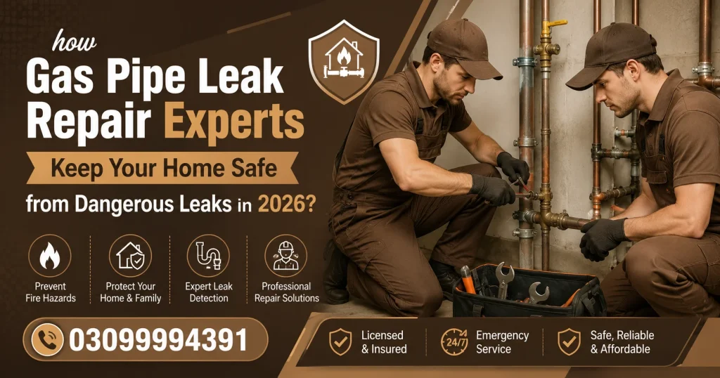 Emergency gas pipe leak repair expert in a green uniform repairing a residential gas line to prevent dangerous gas leaks and improve home safety in 2026.