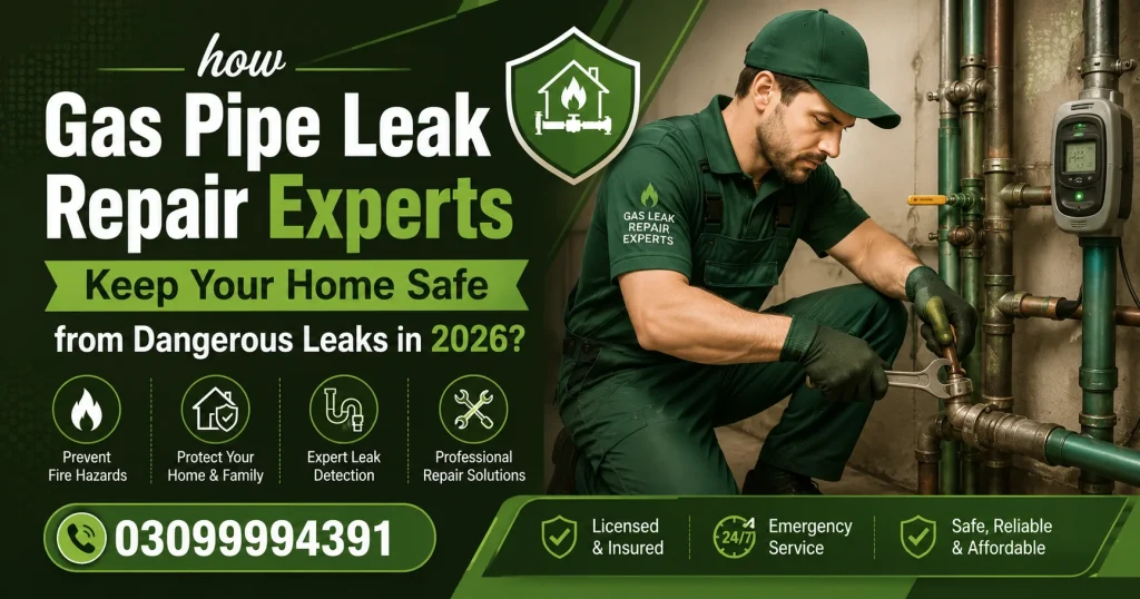 Professional gas pipe leak repair expert inspecting and repairing a residential gas line to keep homes safe from dangerous gas leaks in 2026.
