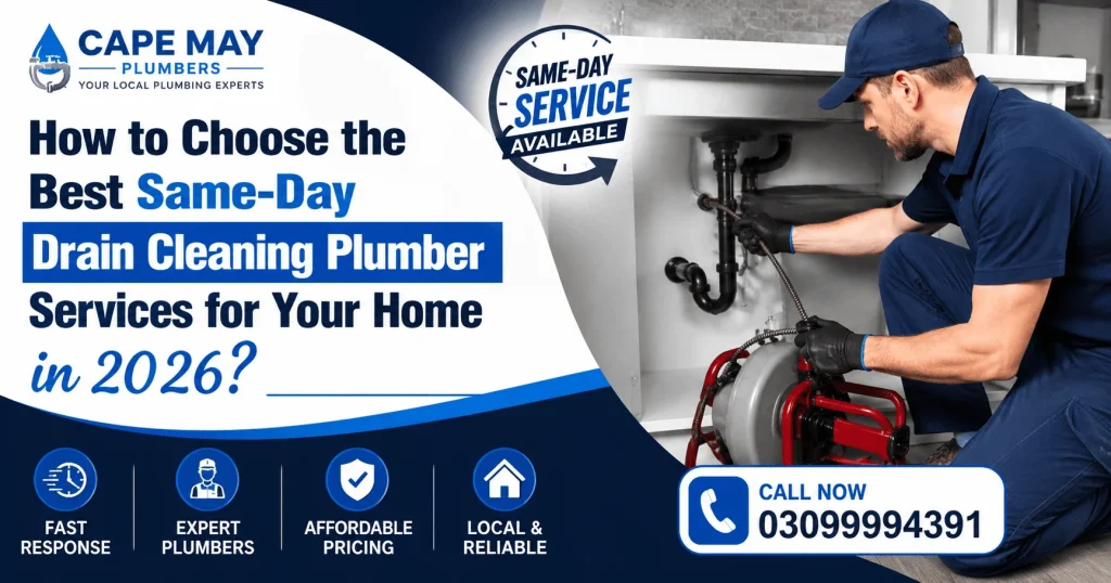 Professional plumber using a drain cleaning machine under a kitchen sink, promoting same-day drain cleaning plumber services by Cape May Plumbers for homeowners in Cape May, NJ, with the contact number 03099994391