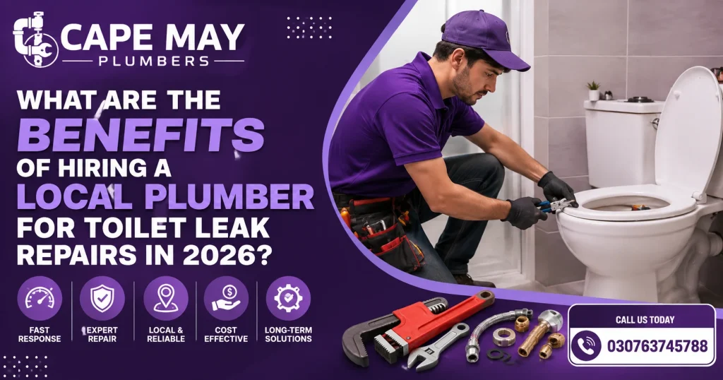
Local plumber repairing a toilet leak in Cape May NJ with professional plumbing tools in 2026