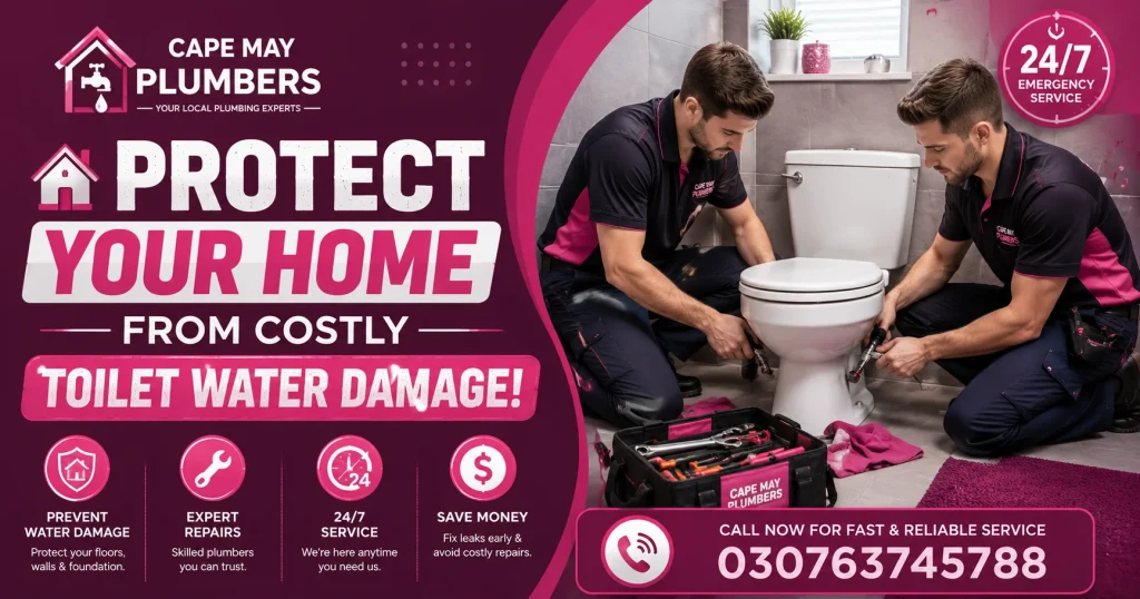 professional plumbers repairing a toilet to prevent costly water damage