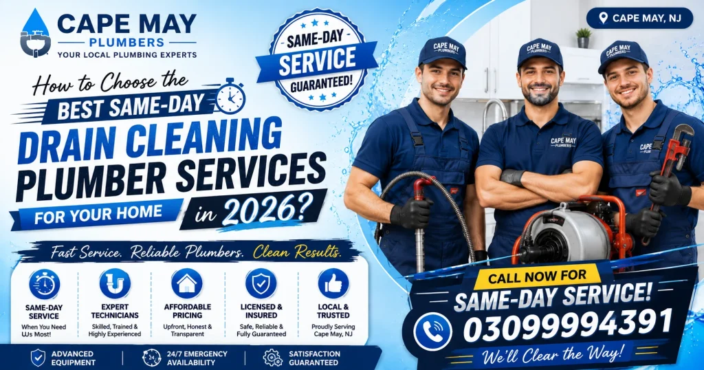 Three professional plumbers providing same-day drain cleaning plumber services for residential homes in Cape May, NJ, using advanced drain cleaning equipment.