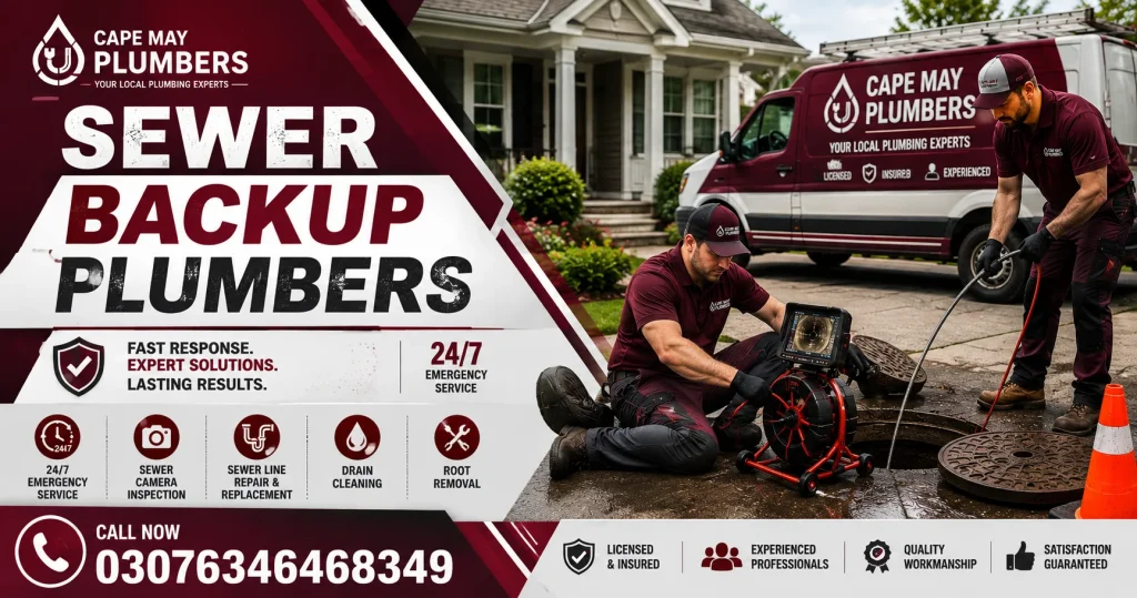 licensed sewer backup plumbers repairing a residential sewer line with a sewer camera inspection system beside a Cape May Plumbers service van in Cape May, NJ.