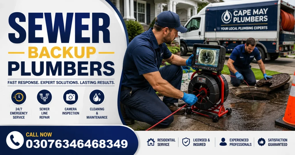 Licensed sewer backup plumbers performing a sewer camera inspection and emergency sewer line repair outside a residential home in Cape May, NJ.