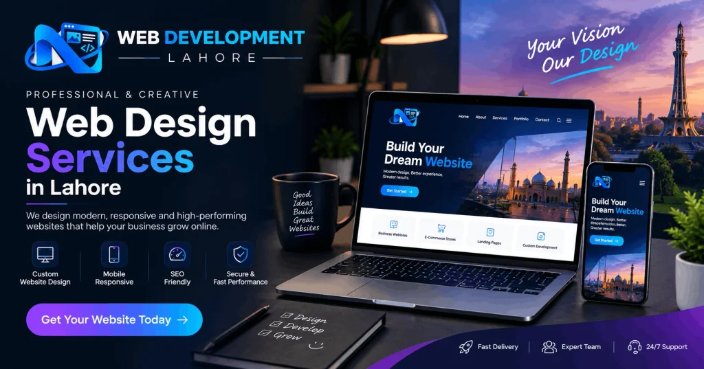 Professional web design services in Lahore featuring responsive website designs displayed on a laptop and smartphone.



