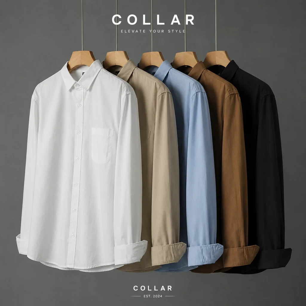 COLLAR premium men's dress shirts in white, beige, blue, brown, and black, designed for comfort, style, and everyday wear in Pakistan.