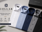 Premium men's dress shirts by COLLAR in white, blue, grey, and black colors.