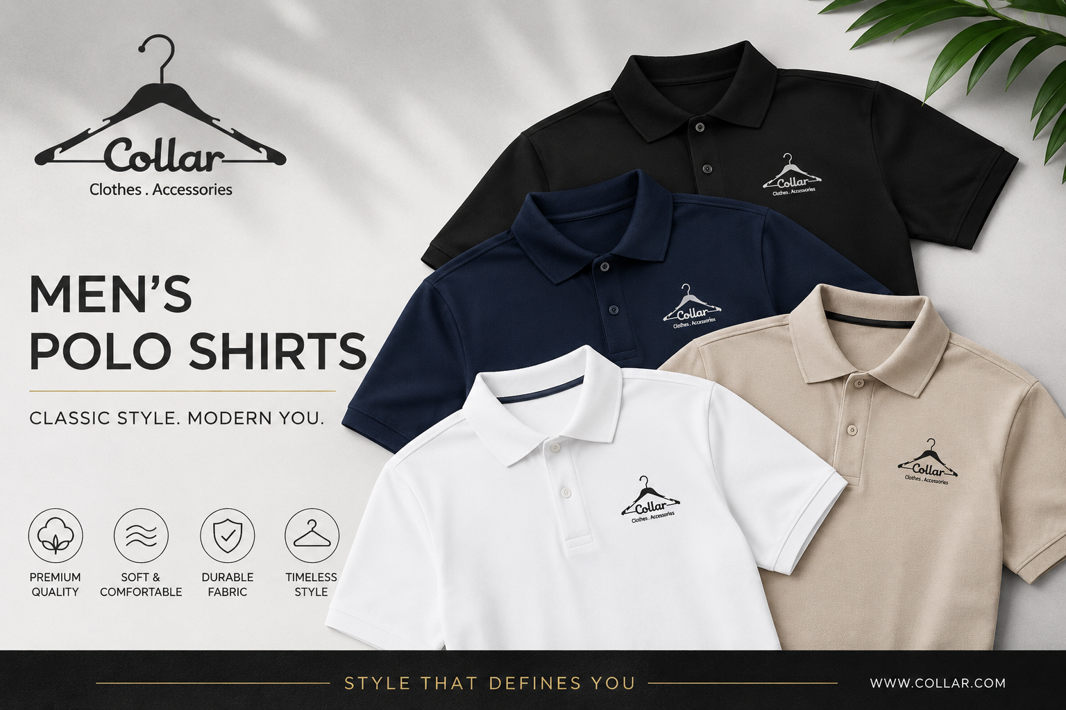 Premium men's polo shirts by COLLAR in black, navy, white, and beige featuring soft fabric, modern fit, and embroidered logo for everyday style.