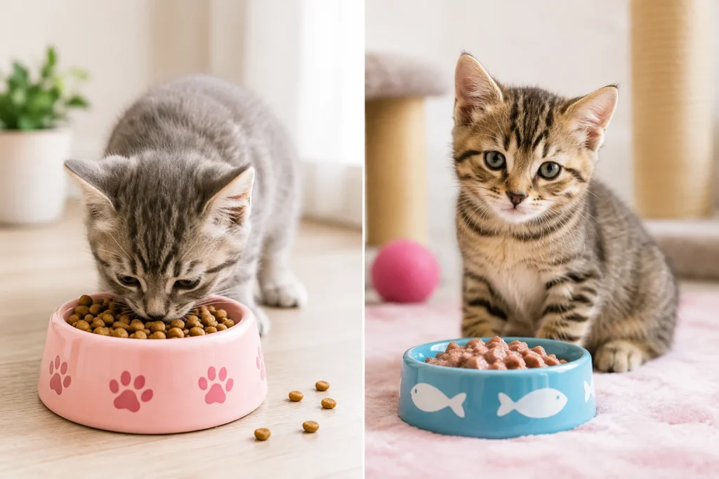 Kitten eating nutritious cat food for healthy growth