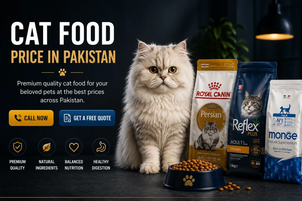 Cat food price in Pakistan with premium dry and wet cat food bags.