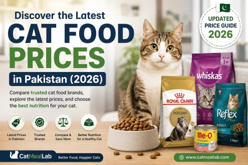Cat food price in Pakistan 2026 featuring popular cat food brands and healthy cats